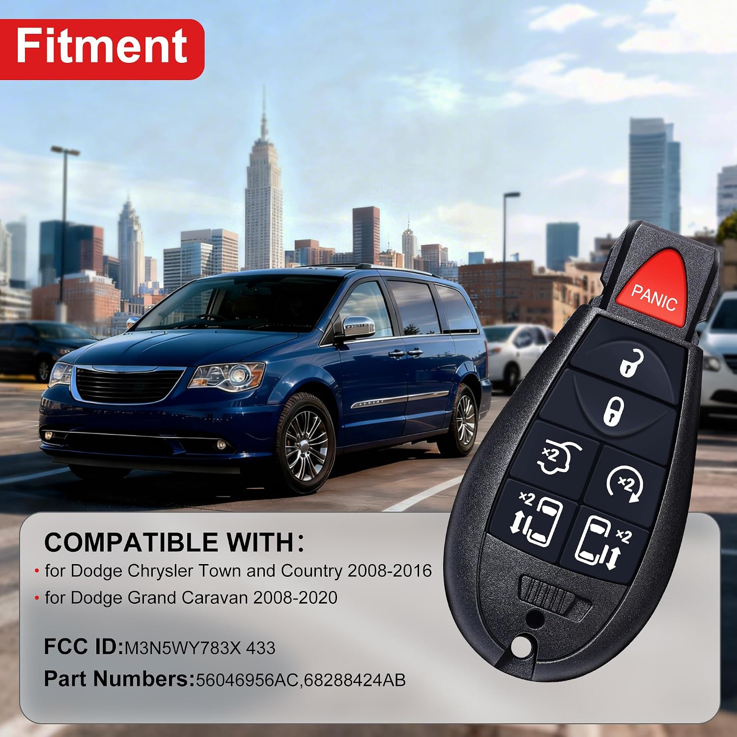 2Pcs Car Key Fob,for Dodge Grand Caravan;for Chrysler Town and Country;7-But,Keyless Control Entry Remote,OE#56046956AC,68288424AB(2x7 Buttons)