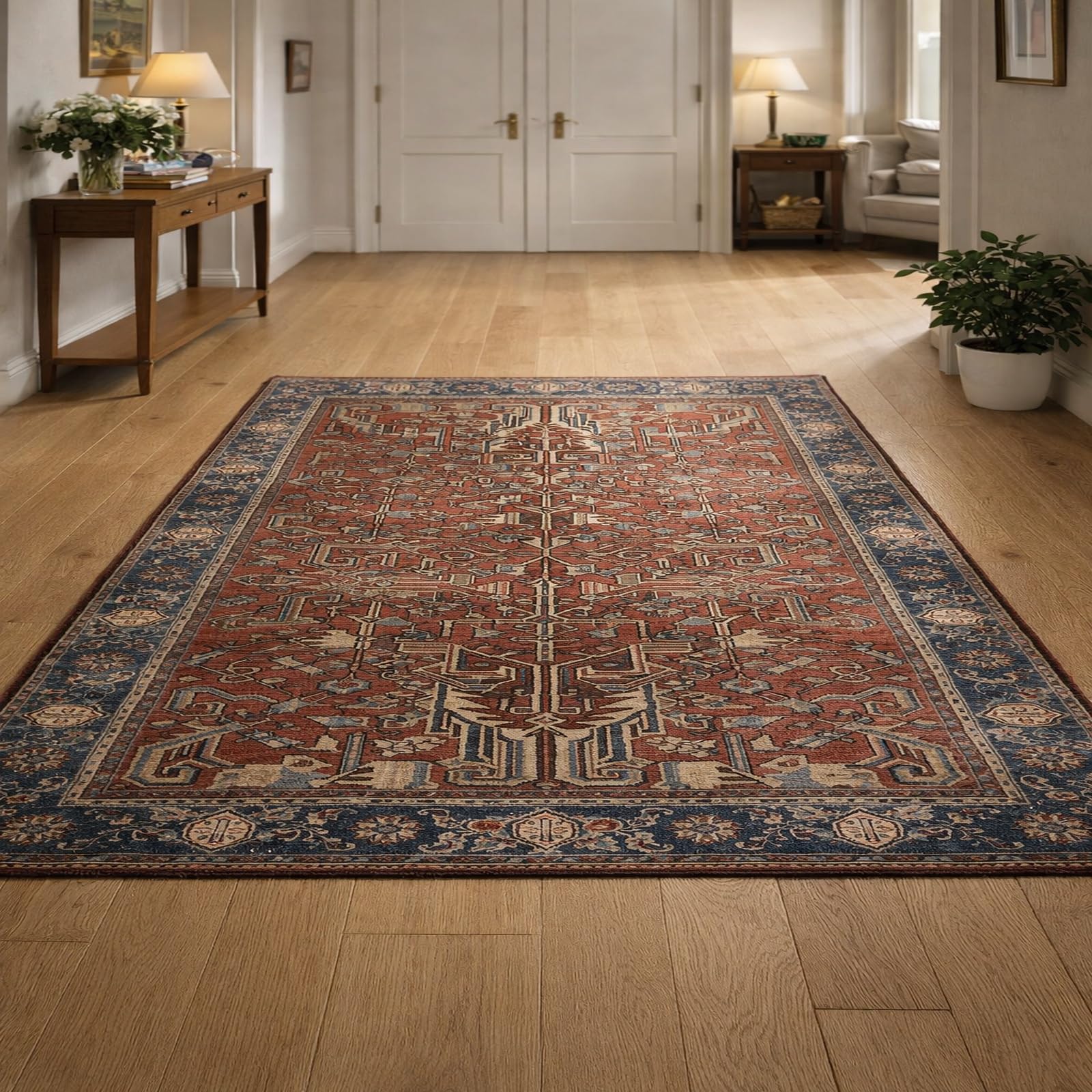 Tapis antidérapant lavable grand format avec motif floral bleu et marron