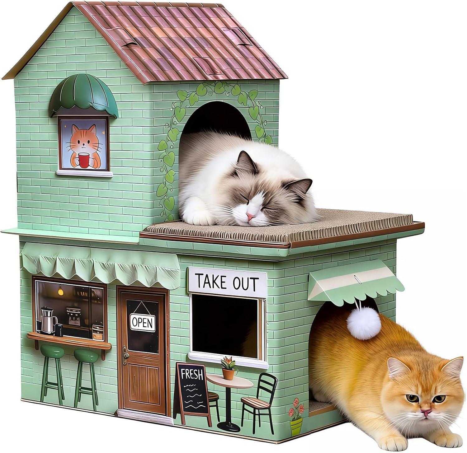 Cardboard Cat Scratcher House, Double Layer Coffee Shop Design, Sage Green, 5-Layer Corrugated, Window Cutouts, 4 Scratching Boards, Plush Ball & Catnip, Indoor Multi Cat House for Cats up to 20 lbs