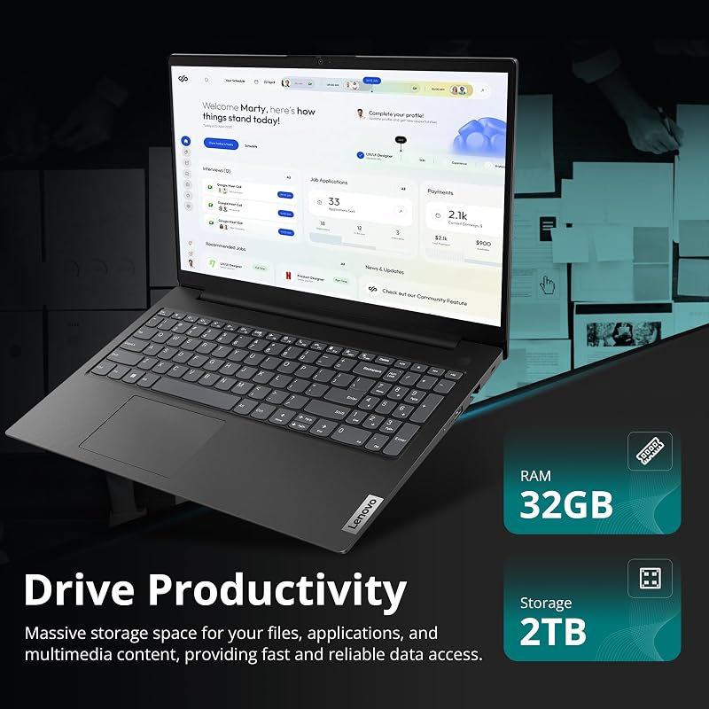 Lenovo V15 Gen 5 15.6" FHD Laptop, Intel Core 7 240H, 32GB DDR5, 2TB Storage(1TB SSD&1TB Docking Station Set), Intel Graphics, Numeric Keypad, HD Webcam, Wi-Fi 6, Win 11, Black image 3