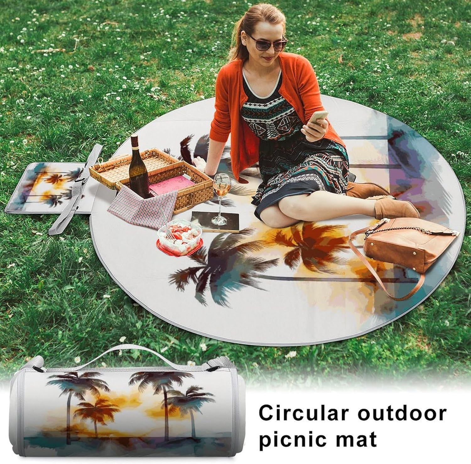 Palm Trees Sunset Picnic Mat Lightweight Waterproof Picnic Blankets Extra Large Picnic Outdoor Blankets Foldable Sandproof Beach Blanket for Park Beach Camping Courtyard 58.3''x58.3''