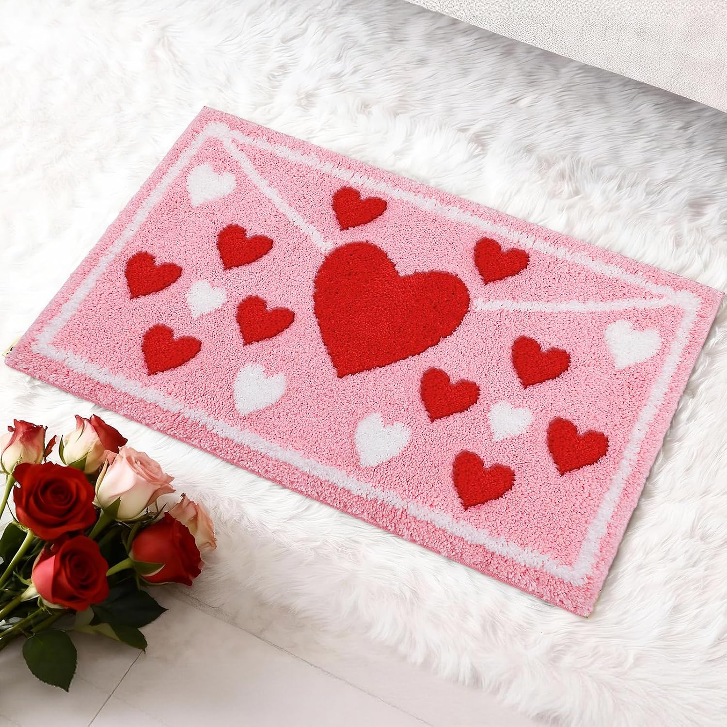 Lyrow Envelope Red Heart Tufted Bath Mat 17"x 29" Absorbent Love Heart Rug Red Pink White Non Slip Bath Rug Washable Front Door Mat for Wedding Home Bedroom Bathroom Decor