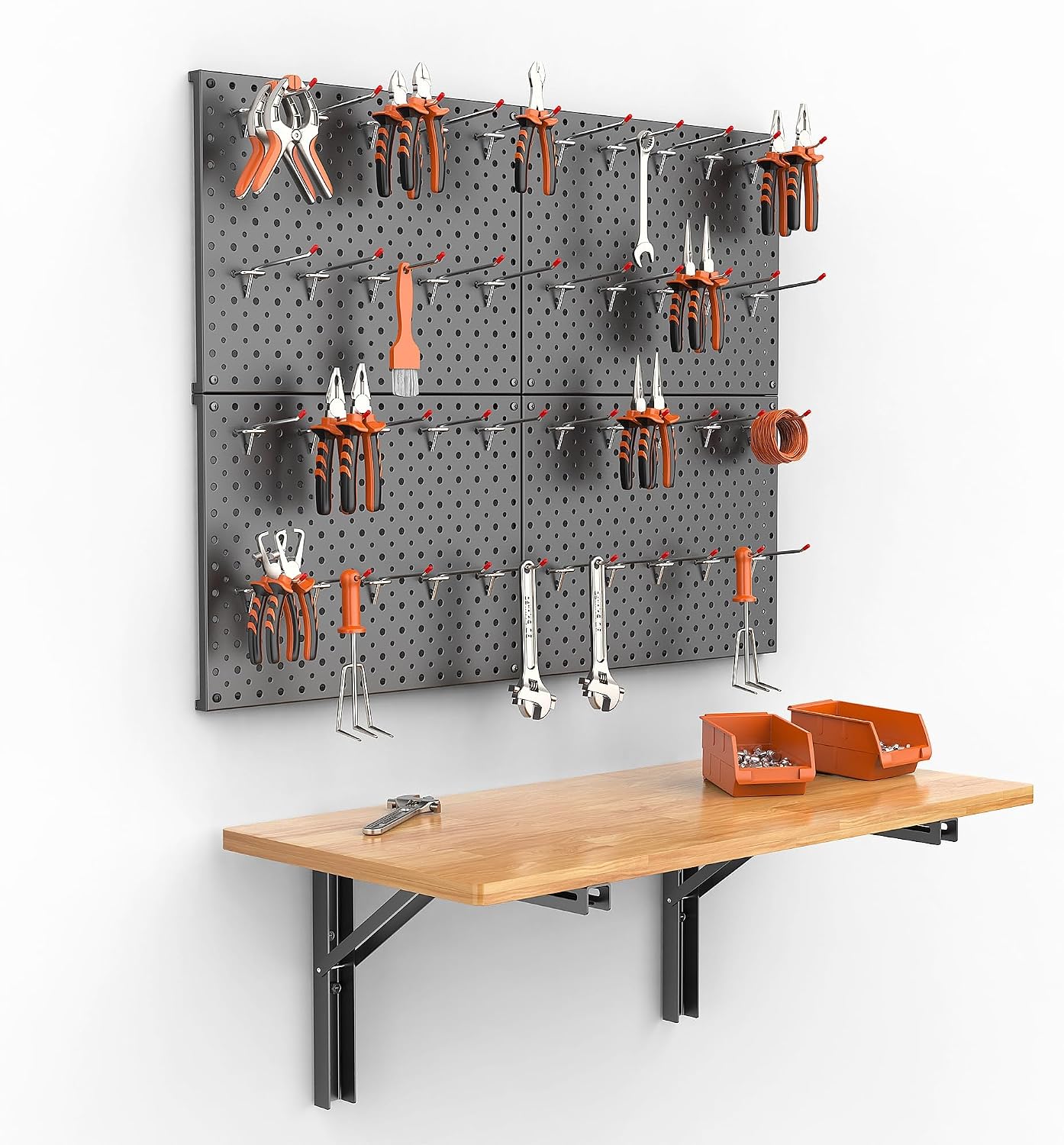 TORACK Heavy Duty Wall Mounted Folding Workbench with Pegboard Kit | Space-Saving Collapsible Wall Table/Desk with Tools Pegboard for Garage, Workshop, Holds up to 150 lbs, Size: 31.5x15.75 in