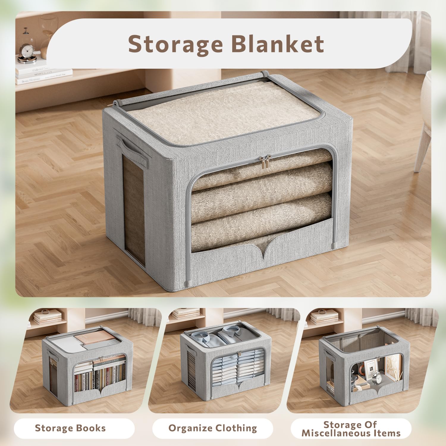 Set di 3 contenitori per vestiti, pieghevole, con telaio in metallo, impilabile, in tessuto di lino, con maniglie per il trasporto e finestra trasparente (grigio chiaro, 39,9 x 30 x 30 x 30 cm (36L))