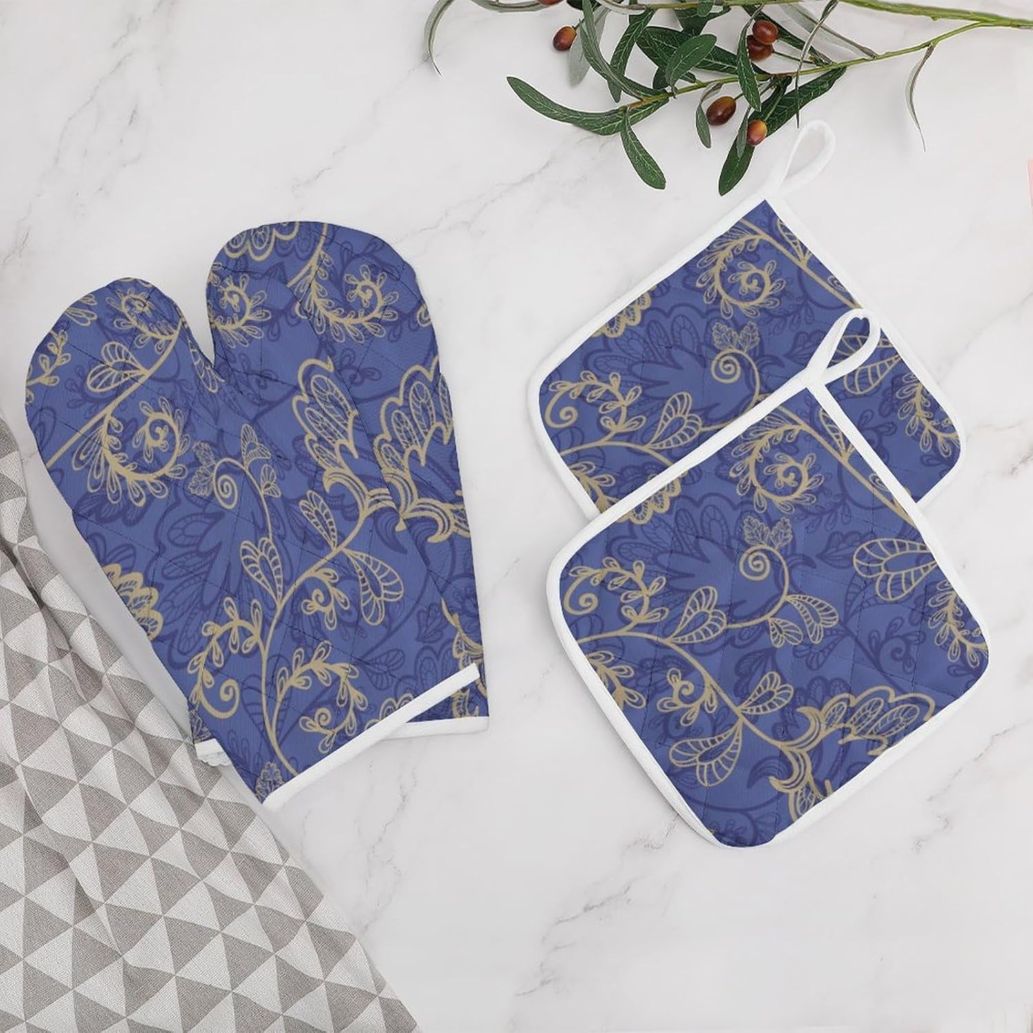 Romantic Flora Leaves Ornate Petals Oven Mitts and Pot Holders 4Pcs Set Heat Resistant Cooking Mitts Hot Pads