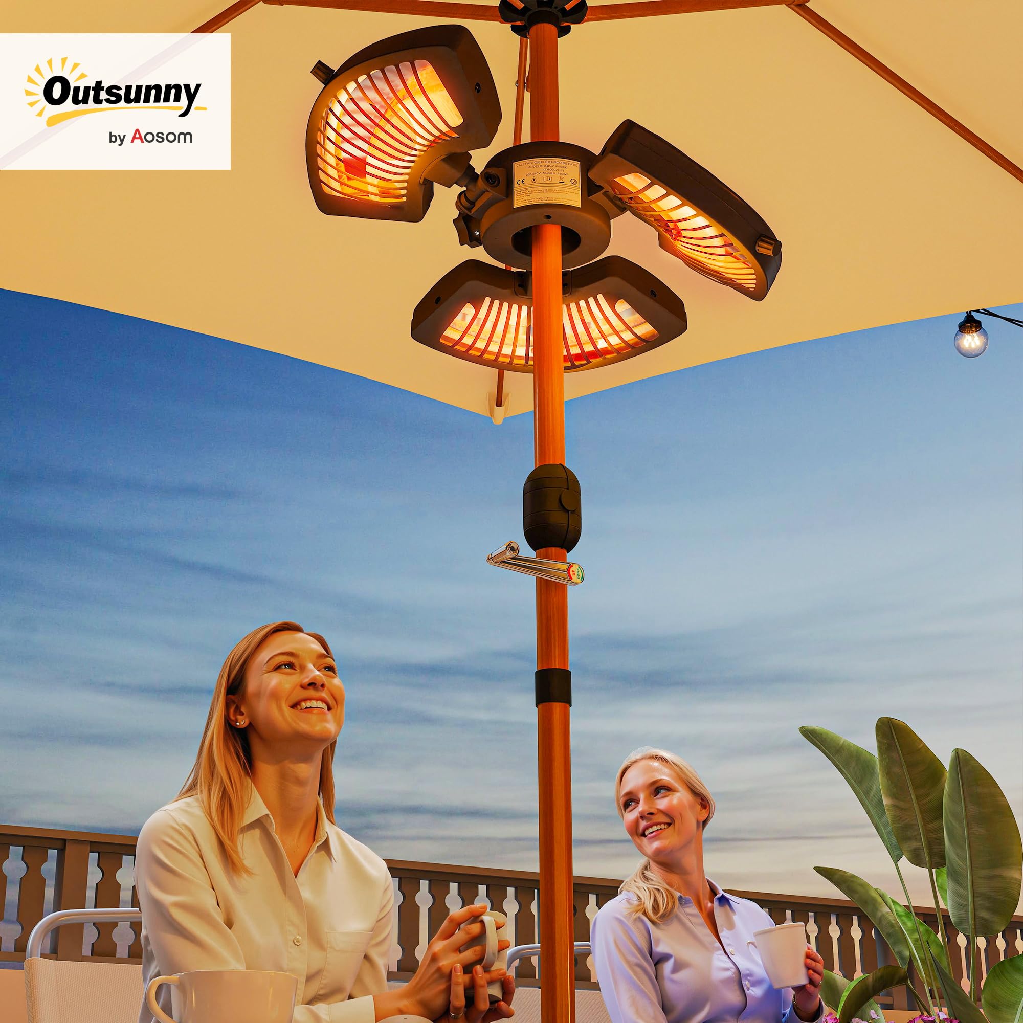 Outsunny Calefactor por Infrarrojos para Parasol 800/1600/2400W Negro | Estufa Exterior Eléctrica de Aluminio, 3 Niveles de Calentamiento, Protección Antivuelco, IP44, para Terraza Patio Jardín