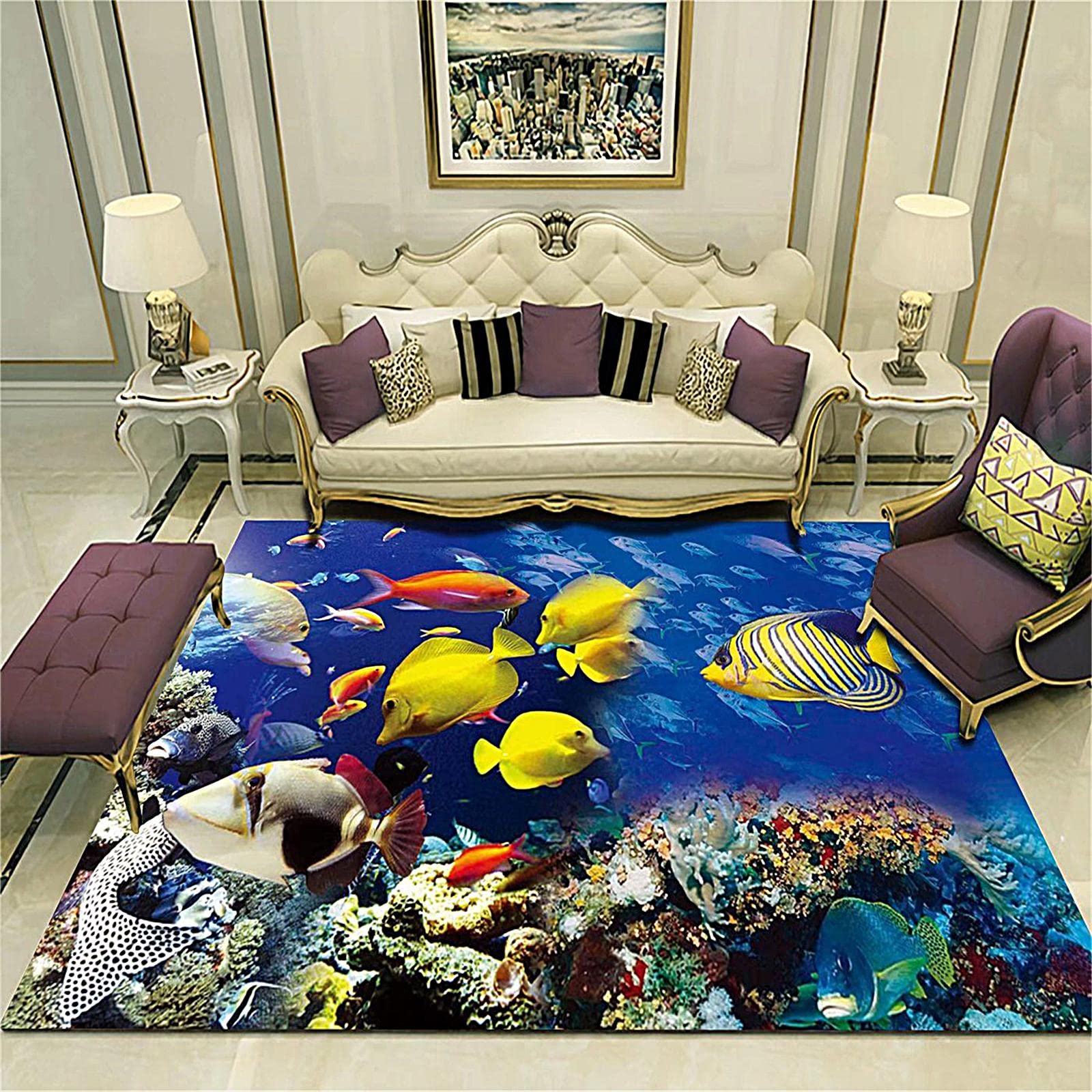 3D Ocean Animal Area Rug, 5x7ft, Underwater World Colorful Fish and Coral Carpets Sea Blue Cyan Non-Slip Washable Large Area Floor Mat for Indoor