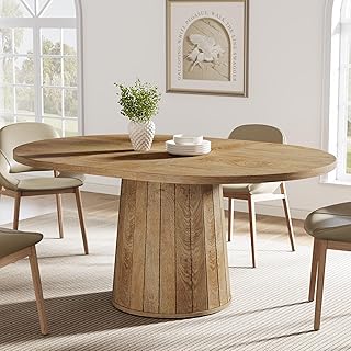Tribesigns Oval Dining Table for 6 People, 55.11-Inch Farmhouse Kitchen Dinner Table with Cylindrical Pedestal (Light Brown)