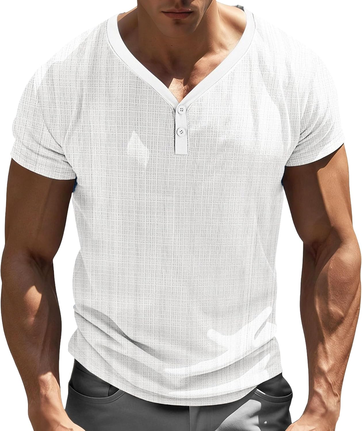 Loose Breathable 2 Button Shirt for Men Classic Round Collar Texture Henry Shirts Summer Casual Short-Sleeved T Shirts (White,X-Large)