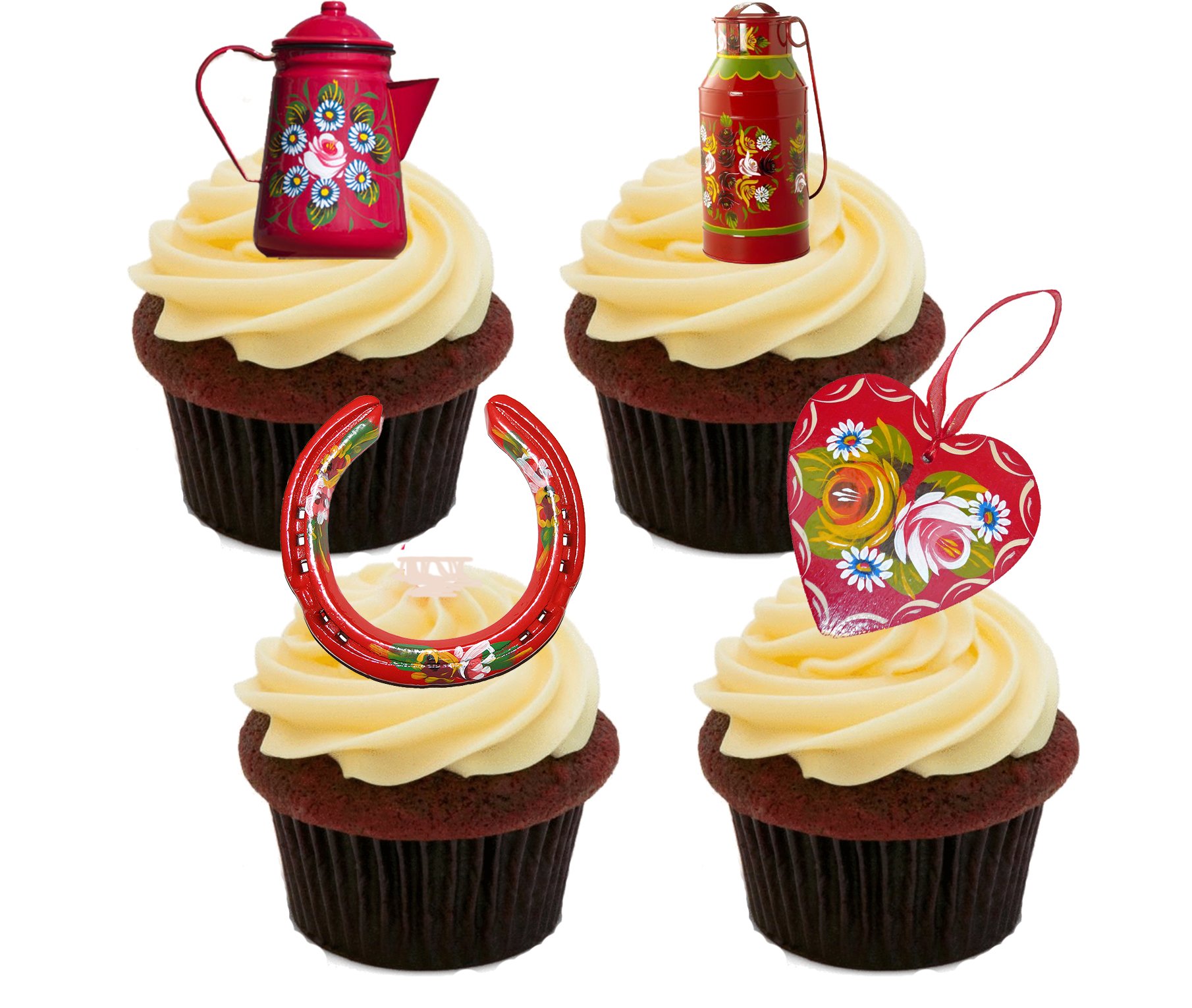 Made4YouCanal Ware/Roses and Castles (Red Mix) Edible Cupcake Toppers - Stand-up Wafer Cake Decorations (Pack of 12)