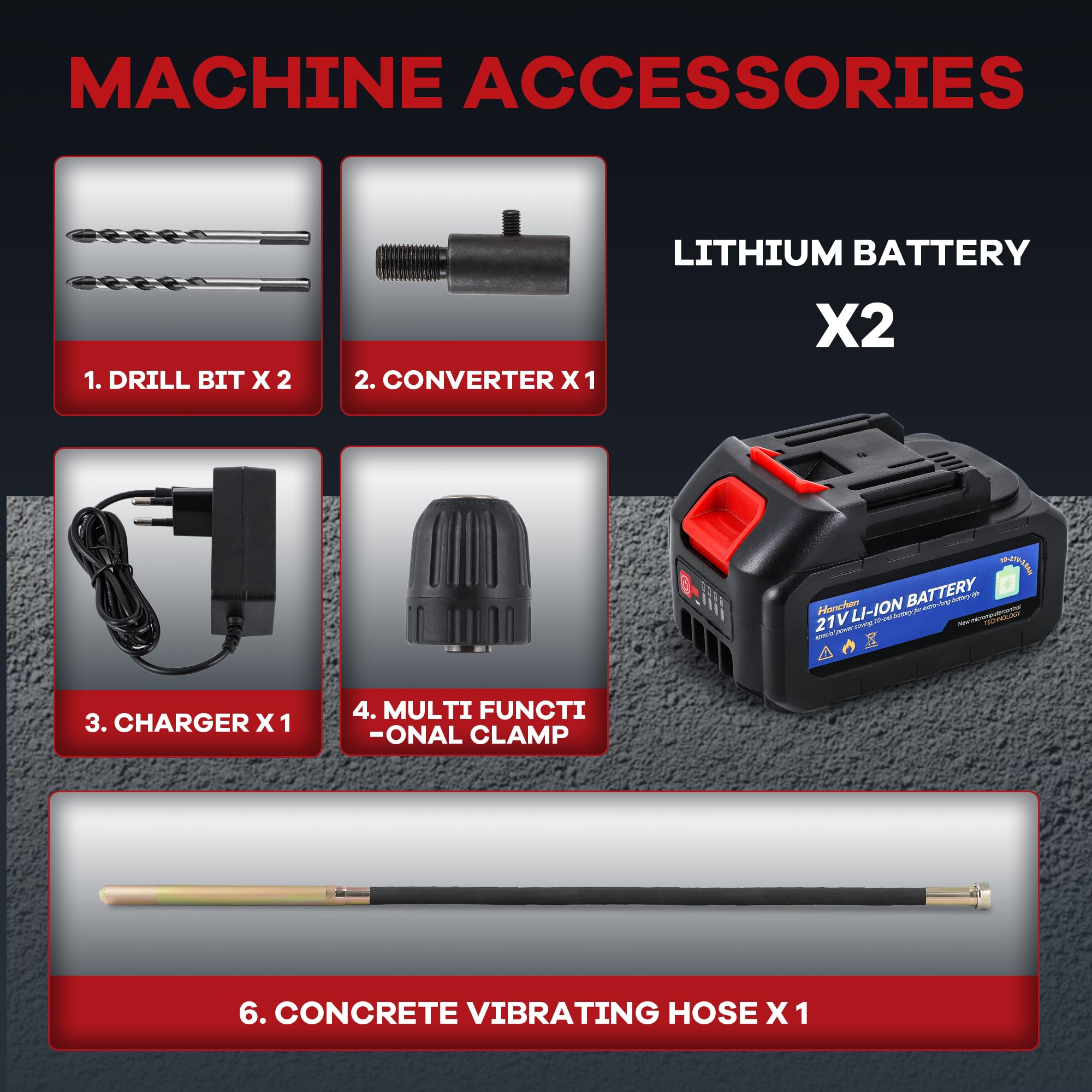 Hanchen Il vibratore elettrico per calcestruzzo 5000rmp senza fili può essere utilizzato come trapano con batteria agli ioni di litio da 21 V-3,0 Ah e caricabatterie, tubo vibrante Ø35 mm (con tubo da