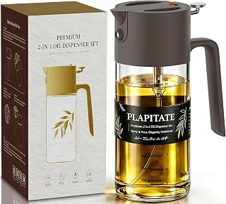 17oz/500ml Premium Olive Oil Sprayer for Cooking, 2 in 1 Glass Olive Oil Dispenser Bottle for Kitchen Gadgets, Spray Bottle with Portion Control for Salad, Frying, BBQ (Gray)