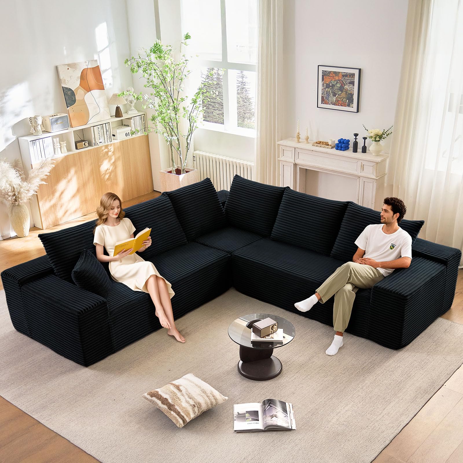 Oversized Modular Sectional Sofa Couch, Large 5 Seater Corner Sofa Modern V Shaped Sectional Couch Cloud Couches for Living Room, Office, Spacious Space, Corduroy, No Assembly Required, Black