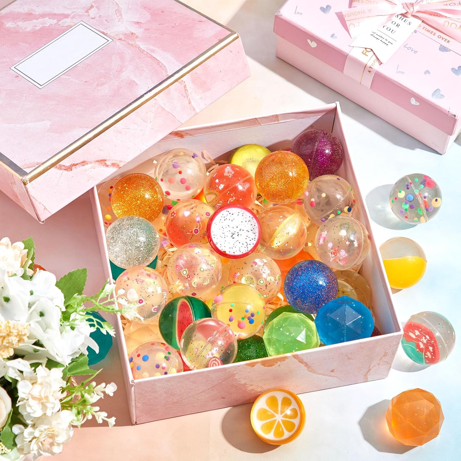 Shappy 60 Pcs 45 mm Large Bouncy Balls Glitter Bounce Ball Bulk with Storage Bag Large Bouncy Balls for Goodie Bag Fillers Birthday Party Favors, Assorted Colors