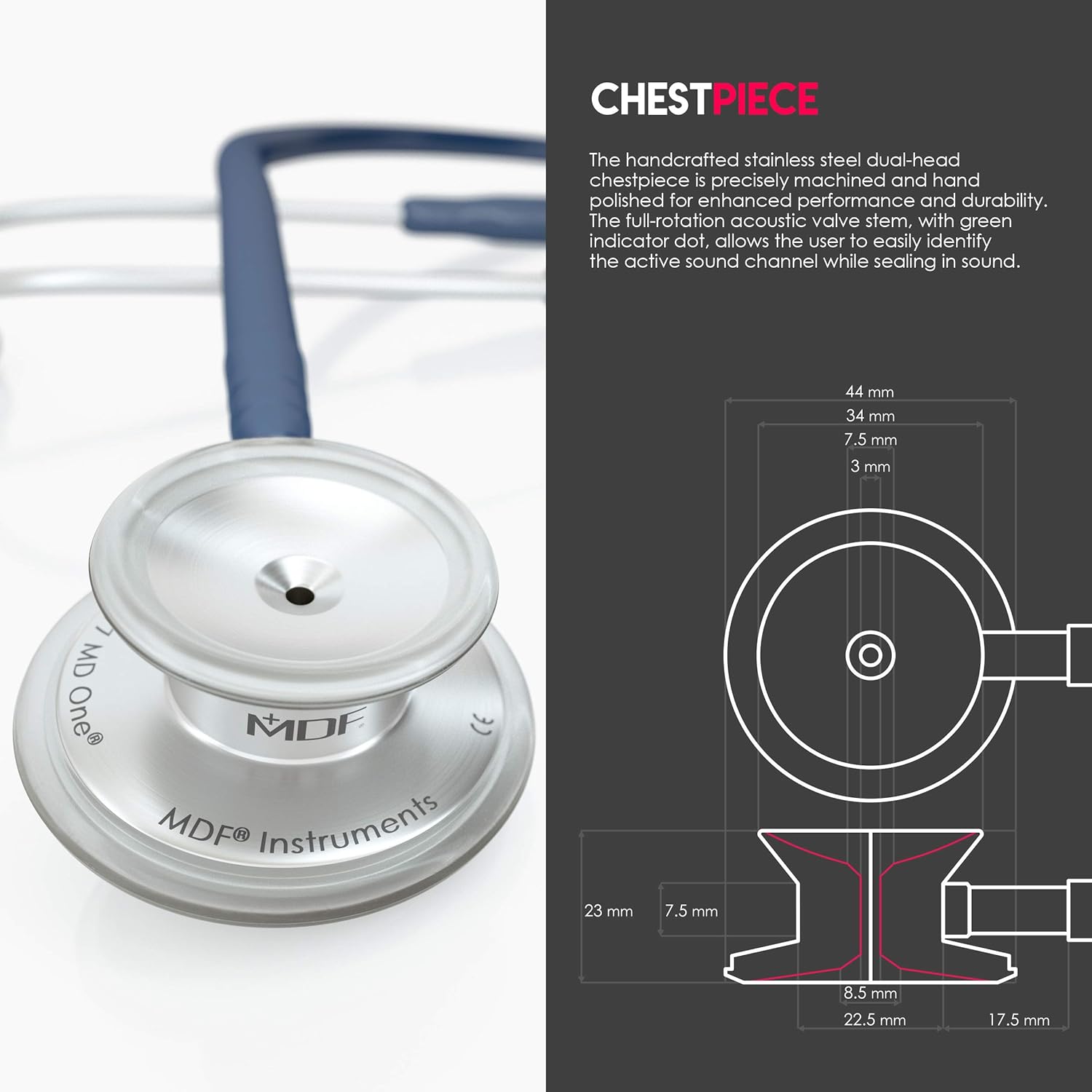 MDF Instruments, MD One Stainless Steel Stethoscope, Adult, Navy Blue Tube, Silver Chestpieces-Headset, MDF77704