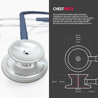 MDF Instruments, MD One Stainless Steel Premium Dual Head Stethoscope, Adult, Navy Blue Tube, Silver Chestpieces-Headset, MDF77704