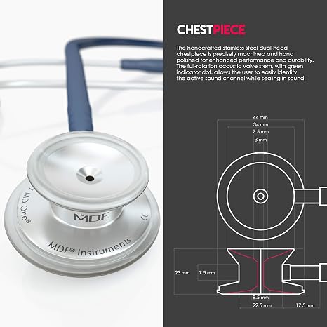 MDF Instruments, MD One Stainless Steel Premium Dual Head Stethoscope, Adult, Navy Blue Tube, Silver Chestpieces-Headset, MDF77704