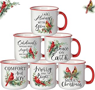 Pickmesh 6 Sets of Red Cardinal Coffee Mug Christmas Ceramic Mugs with Handle 15oz Red Cardinal Birds Coffee Mug Set Xmas Holiday Coffees Mugs for Home Office Table Decoration Holiday Party Gift