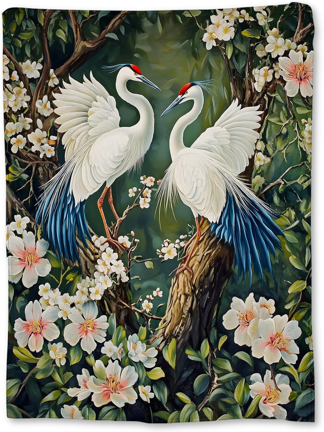 Red-Crowned Crane & Lush Flowers Blanket, Soft Cozy Flannel Throw Blanket for Adults Kids Women Men, Lightweight Warm Fuzzy Blankets for Bed, Couch, Travel & Home Decor 60×50 in