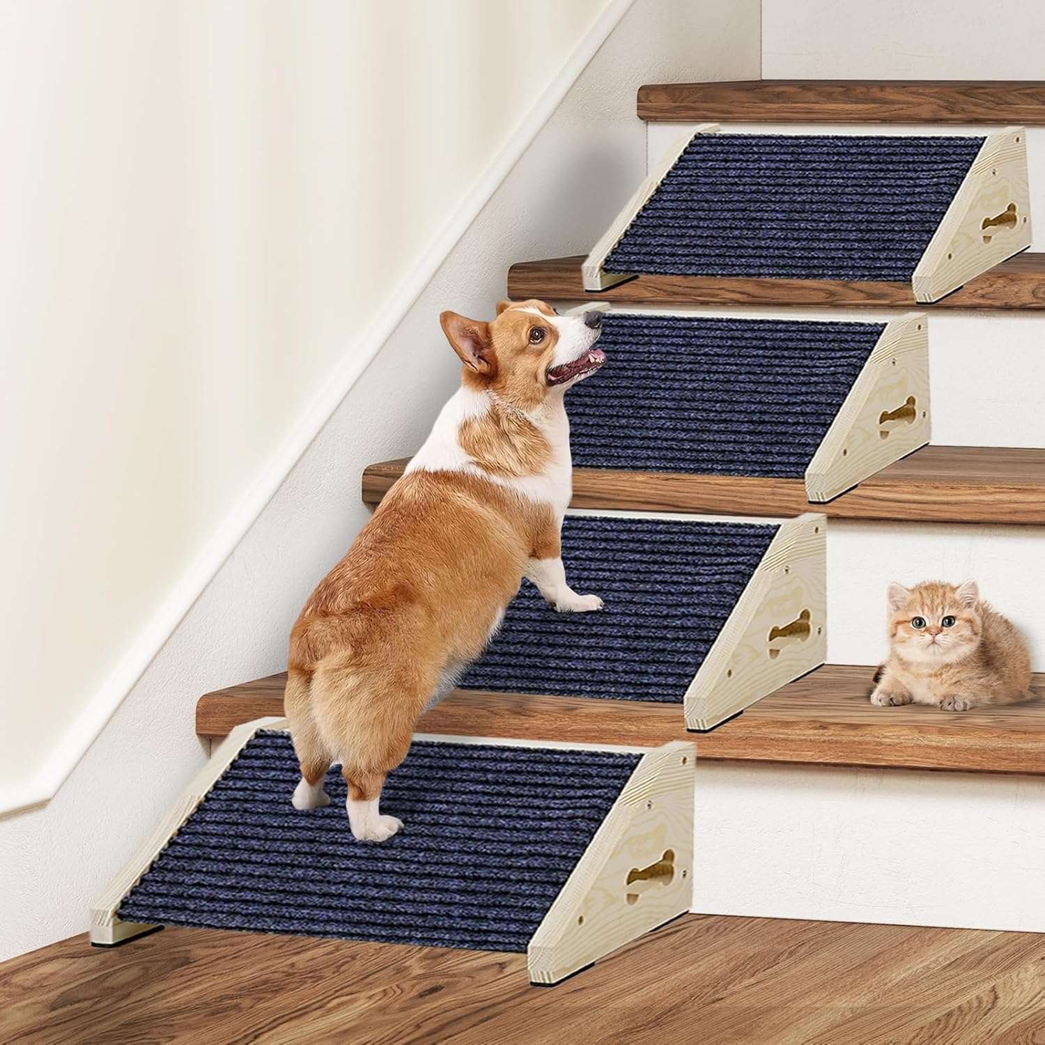 Extra Wide Dog Ramps for Stairs, Wooden Pet Ramp Stairs for Small Medium Dogs, Non-Slip Dog Pet Steps for Any Staircase, Stair Ramp for Injured Dogs with Anti-Slip Strip, 4 Pack