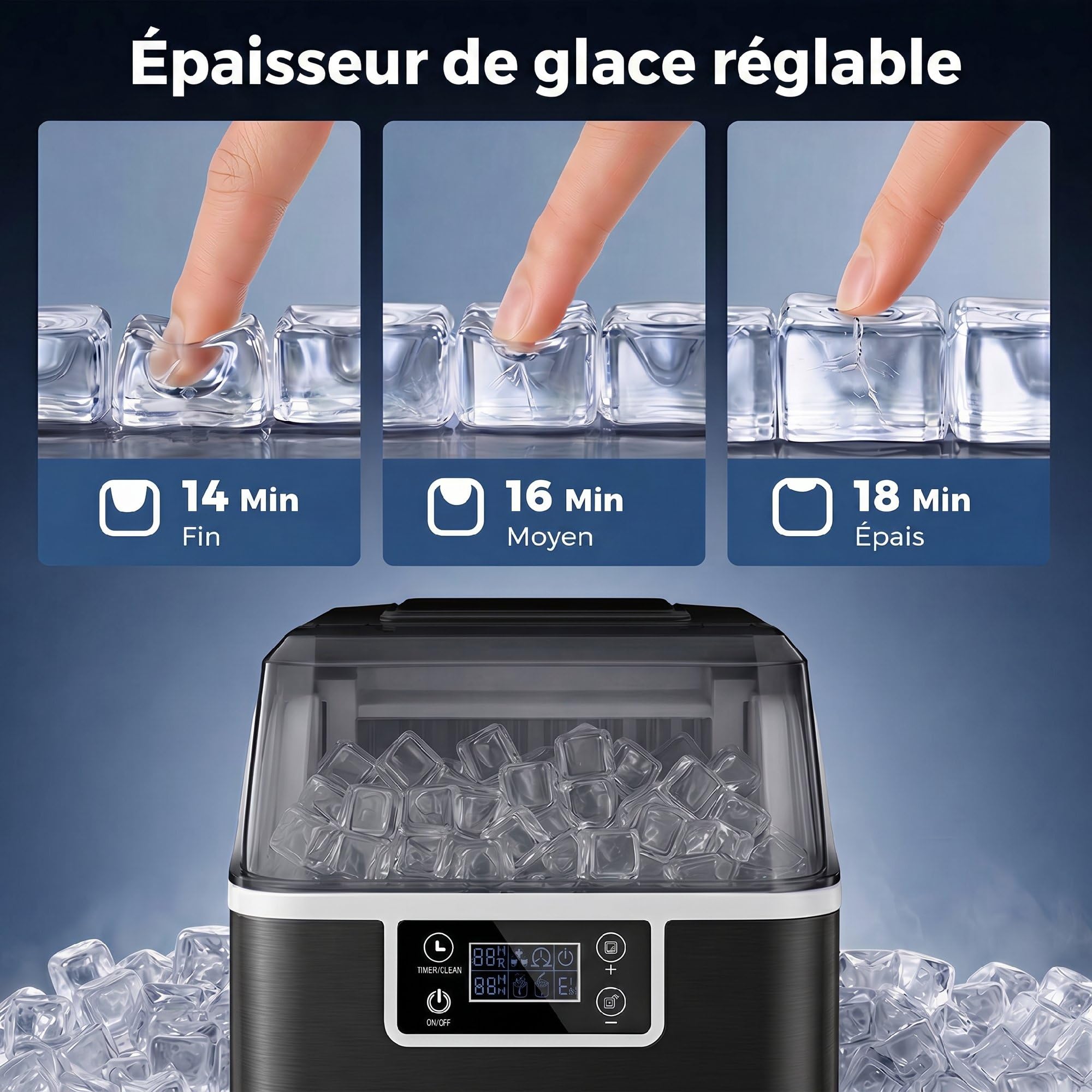 HOMCOM Machine à glaçons, 20 kg en 24h, 24 glaçons en 14-18 min, épaisseur de glaçon réglable, ice maker portable avec fonction autonettoyante, peut charger seau d'eau, pour maison, cuisine, bar, noir