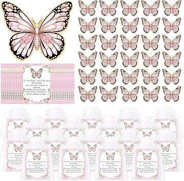 30Sets Funeral Guests Favors Bulk Pink Butterfly Brooch Pins with Memorial Cards, Celebration of Life Thank You Gifts
