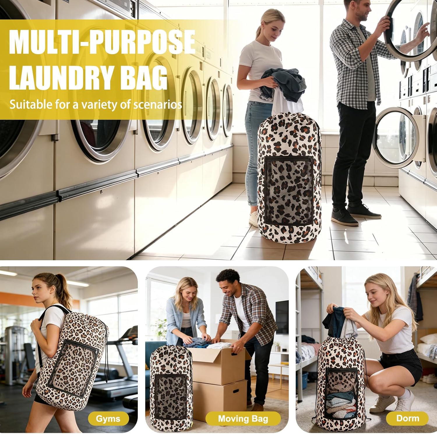 Olosar Laundry Bag Backpack, 2PCS Extra Large Travel Laundry Bag with Mesh Pocket & Adjustable Shoulder Straps,Dirty Clothes Travel Bag for College Students Dorm,Apartment(Leopard Print)