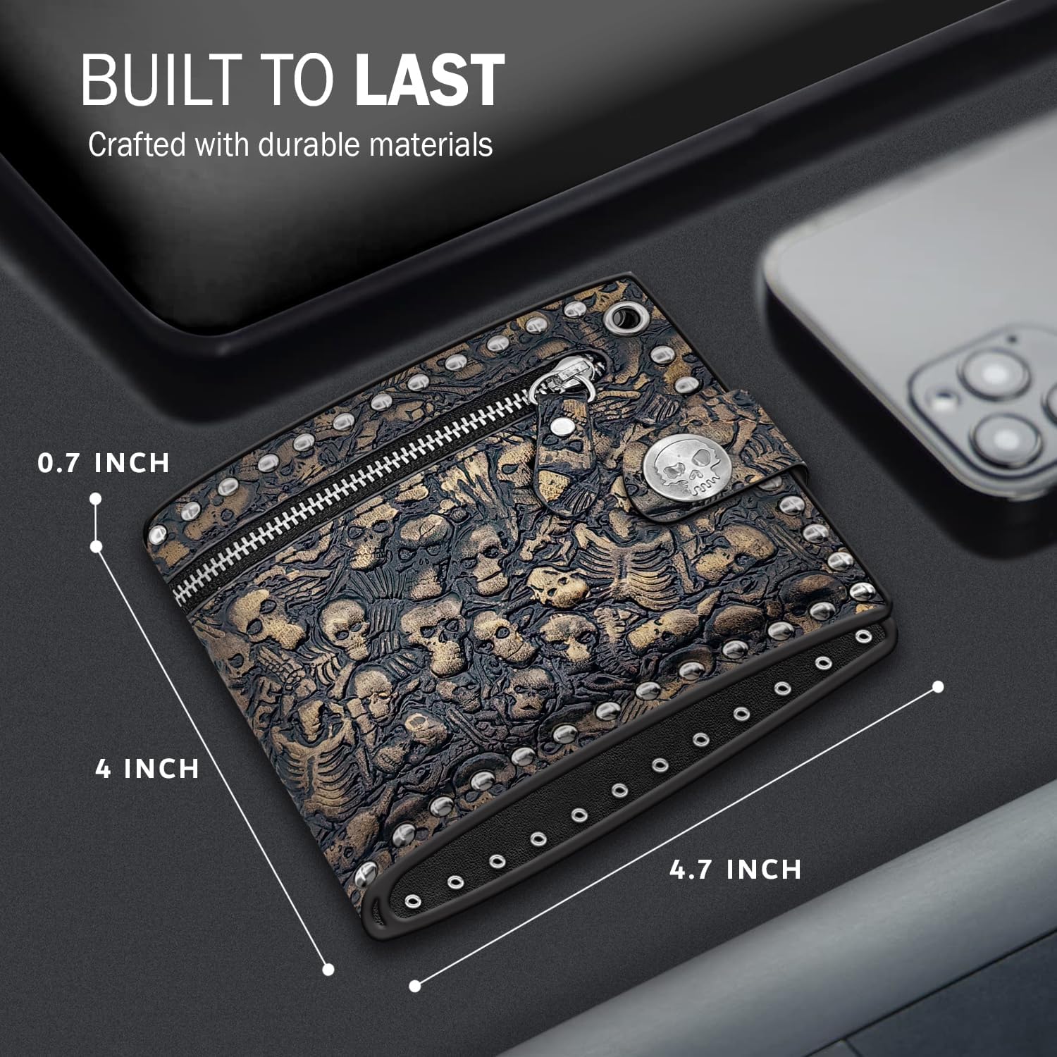 Chain Wallet Skull Gothic Punk Bifold Halloween Unisex Goth Accessories,Faux Leather- Golden Black