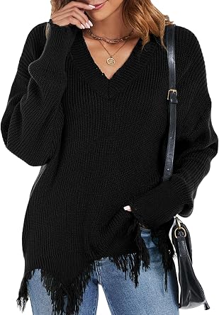 Women Sweater Fall Off The Shoulder V Neck Fringe Knit Pullover Long Sleeve Tops