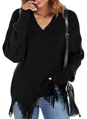 Women Sweater Fall Off The Shoulder V Neck Fringe Knit Pullover Long Sleeve Tops