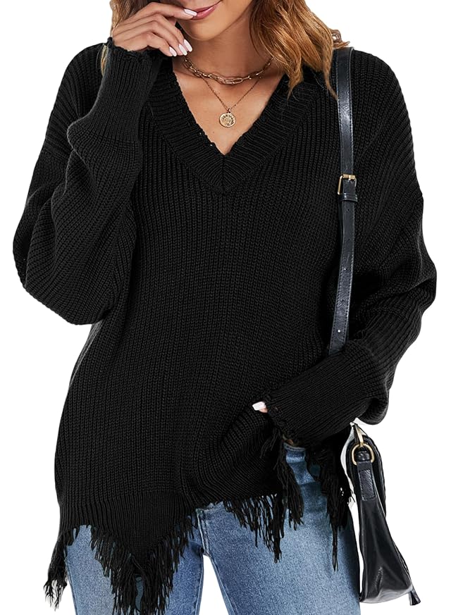 Women Sweater Fall Off The Shoulder V Neck Fringe Knit Pullover Long Sleeve Tops