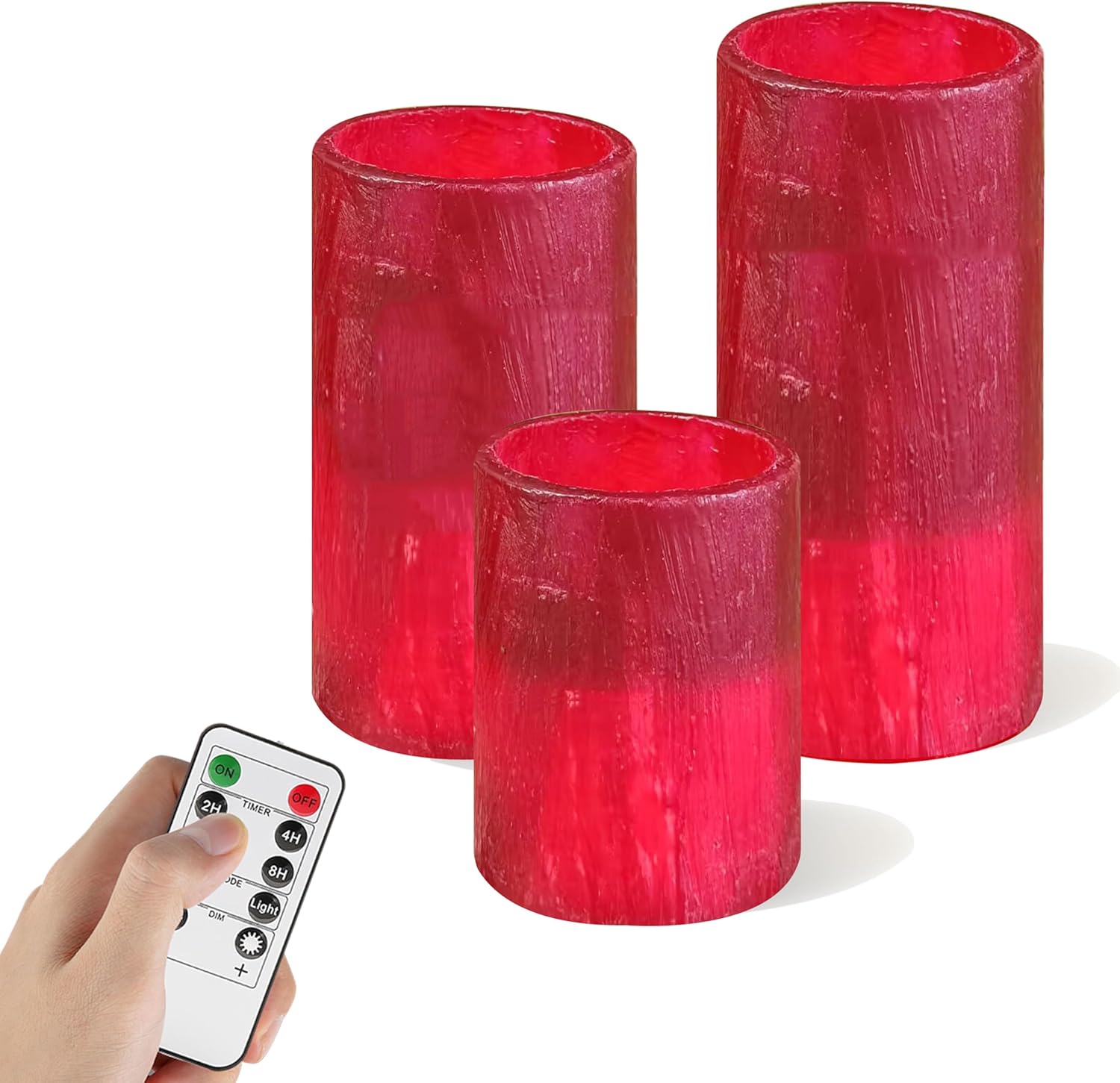 LED Pillar Candles Battery Operated 3.86" 4.7" 5.8" Set of 3 Red Hand-Poured Real Wax Flameless Candles 10-Key Timer Remote and Flicker Mode for Home Decor Wedding Party