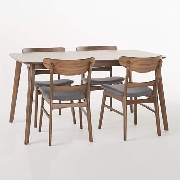 طقم طعام مستطيل GDFStudio Christopher Knight Home Idalia مقاس 60 بوصة، طقم مكون من 5 قطع، من خشب الجوز الطبيعي / رمادي غامق