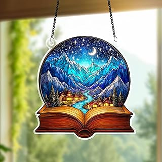 Fantasy Book Ornament – Book Mountain Landscape– Acrylic Window Hanging Ornament for Book Lovers, Cozy Reading Nooks, Cottagecore Home Decor, Librarian or Reader Gift (Sun-10)
