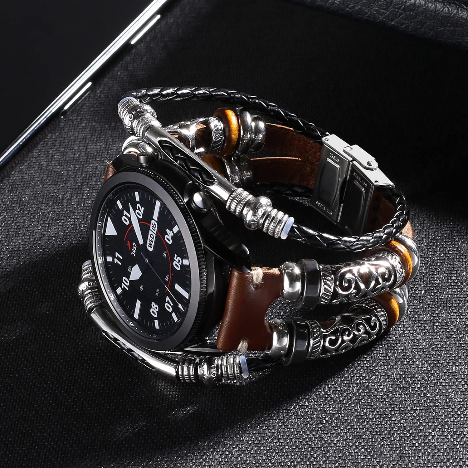 Compatible with Samsung Galaxy Watch 7&FE&6&5&4&3 Band/40mm 44mm/Watch 5 Pro/Watch 6&4 Classic 43mm/47mm/42mm/46mm/Active 2/Garmin Venu, 20mm Leather Bracelet Metal Buckle Strap for Women&Men image 2