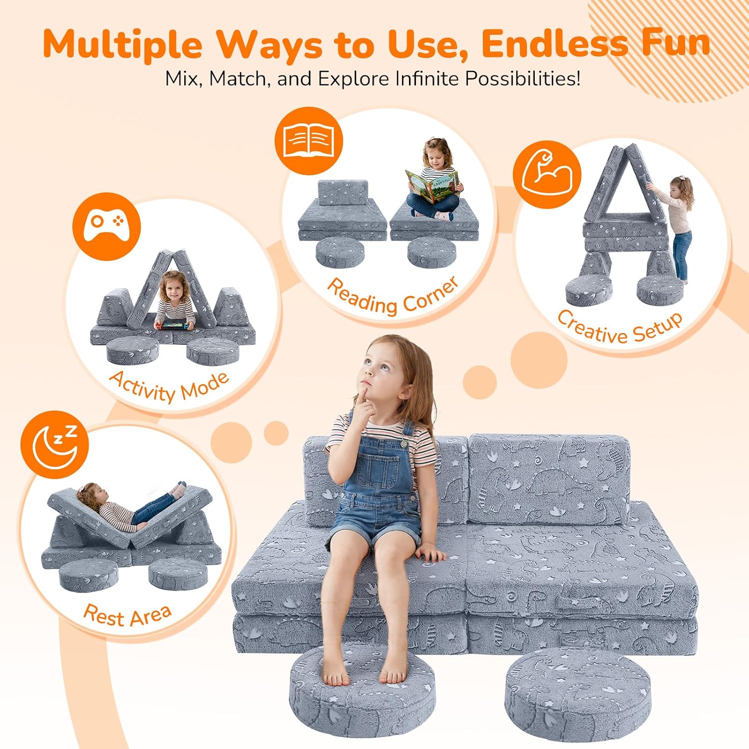 MeMoreCool Modular Kids Couch, 8-Piece Toddler Couch Play Couch & Kids Sofa Set | Glow in The Dark Dinosaur Fort Building Kit | Convertible Foam Playroom Furniture with Washable Covers for Boys