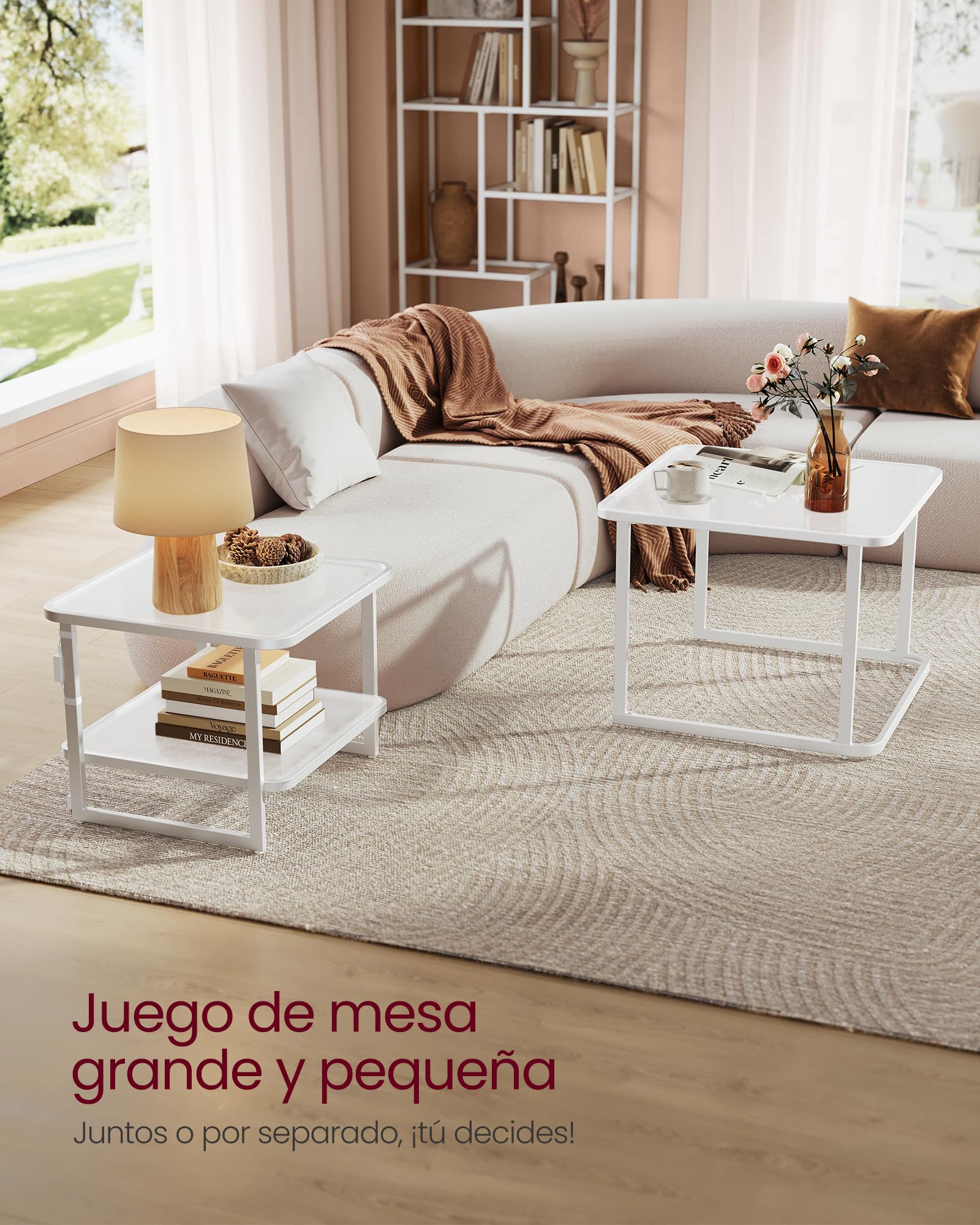 VASAGLE Mesas de Centro, Juego de 2 Mesas de Café con Luces LED, Mesas Auxiliares Cuadradas Modernas Encajables, Cristal Templado, para Salón, Dormitorio, Blanco Nube y Blanco Perla LCT246W01