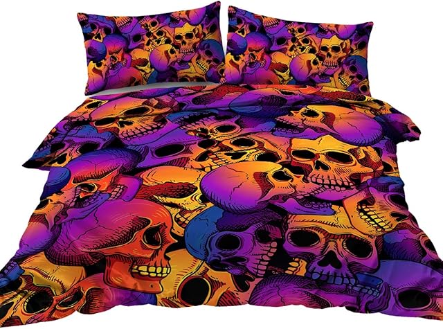 BlessLiving Skull Bedding Set King Size 3 Piece Duvet Cover Set with Zipper Closure,Ties 3D Vintage Skull Printed Pattern Halloween Bed Set Purple Orange and Blue