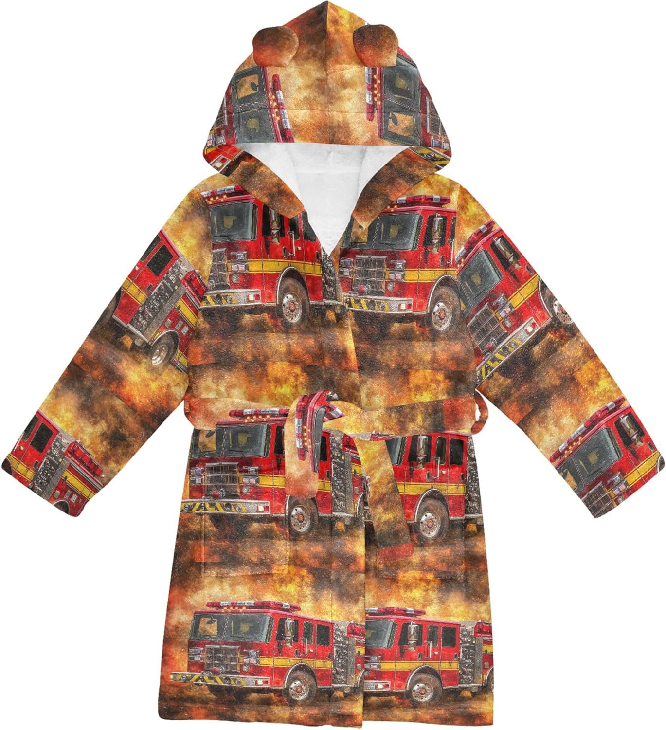 Fire Engine Truck Funny Bathrobe Hooded PJ Robe Plush Fleece Robe Pajama Sleepwear 2-12 Years