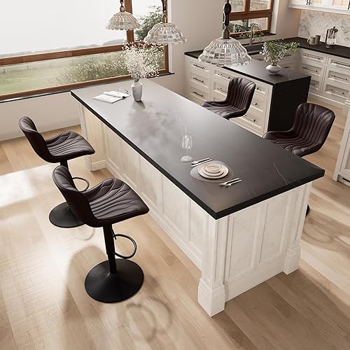 Miniatura 8 de YOUNIKE Taburetes de bar individuales marrones modernos giratorios de altura de mostrador con respaldo ajustable isla de cocina de piel sintética