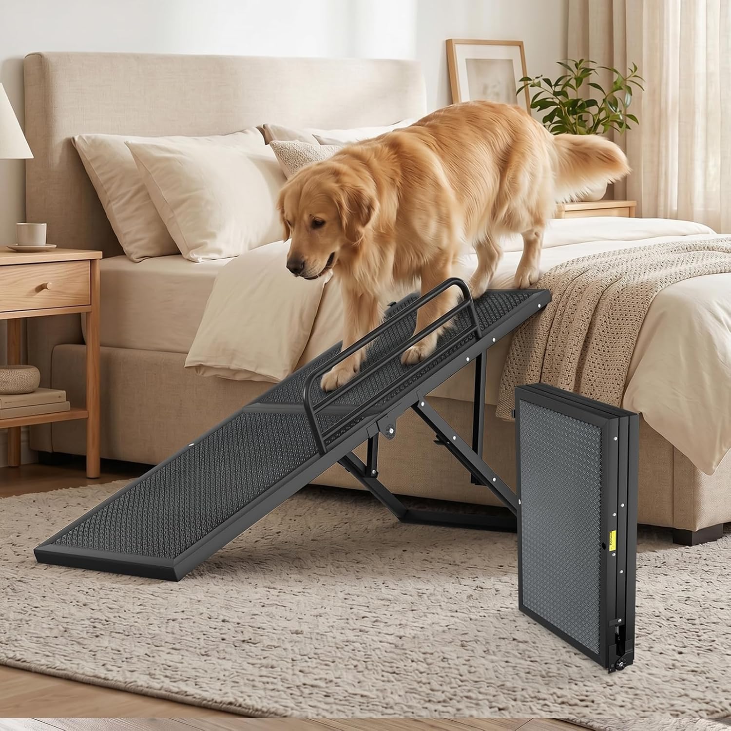 Dog Ramp for Bed, Couch, SUV & Car, Pet Ramp with 5 Height Adjustable 16″-23.6″, Non-Slip Rubber Surface & Safety Side Rail, Foldable Dog Ramp for Small, Medium & Large Dogs, Supports Up to 200 lbs