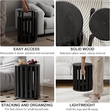 Black Solid Wood Stackable Stools Set of 4, 100% Wooden Stool No Installation Required Walnut Side Table Multifunctional Space Saving 18 Inch Round Stool Modular Interlocking Coffe Table