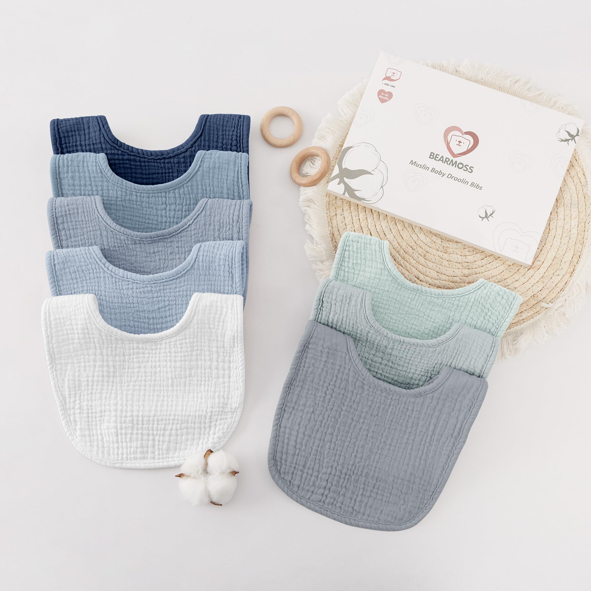Bearmoss Baberos de Muselina para Bebés, 100% Algodón, Pañuelo Cuadrado para el Cuello para Bebé, Baberos Ajustables Suaves para Niños y Niñas, 8 Unidades
