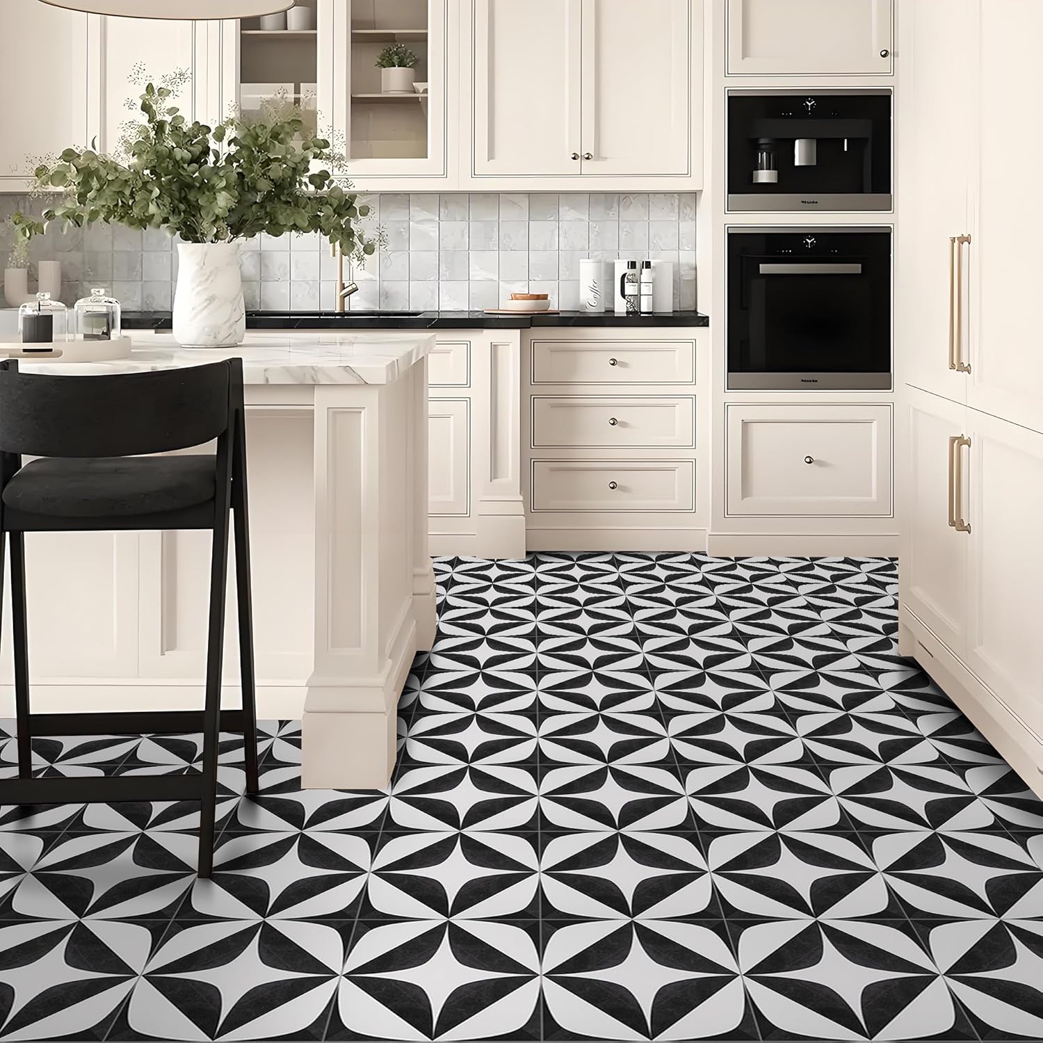 Alow Black and White Flower Peel and Stick Floor Tile 10pcs