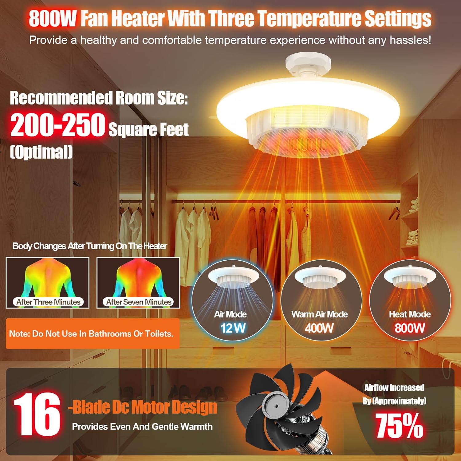 Heating fan light 3 in 1 Space Heater,800W Portable Electric PTC Ceramic Heaters,E26 LED Light with 5000lm,3 Modes,4H Timer,Remote Control, Overheat Protection, Stepless Color