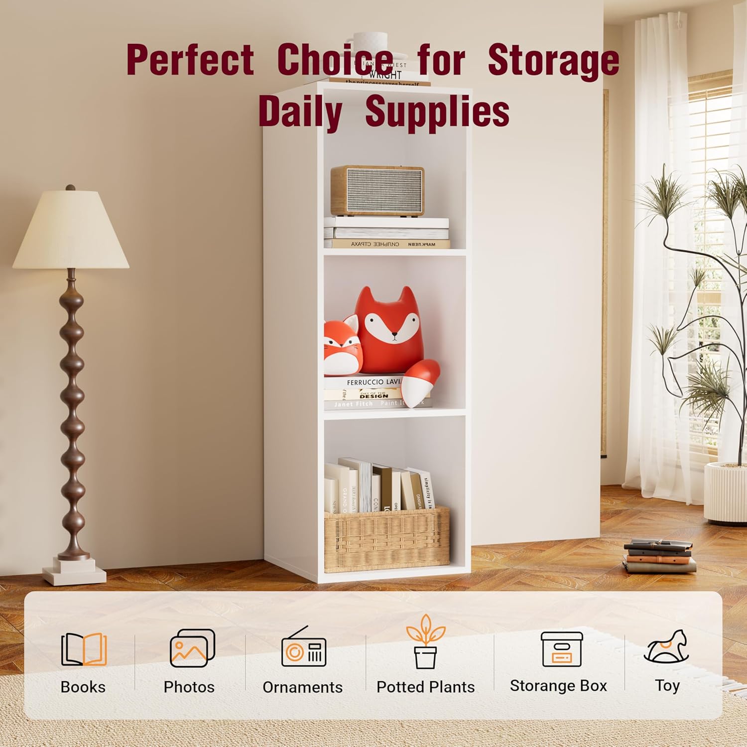 Book Shelf, Wooden Cube Storage Organizer with 11" Open Cubes, Stackable Modular Bookcase for Room Divider Storage, 3 Tier Bookshelf for Living Room, Bedroom, Office (White, 3-Cube)