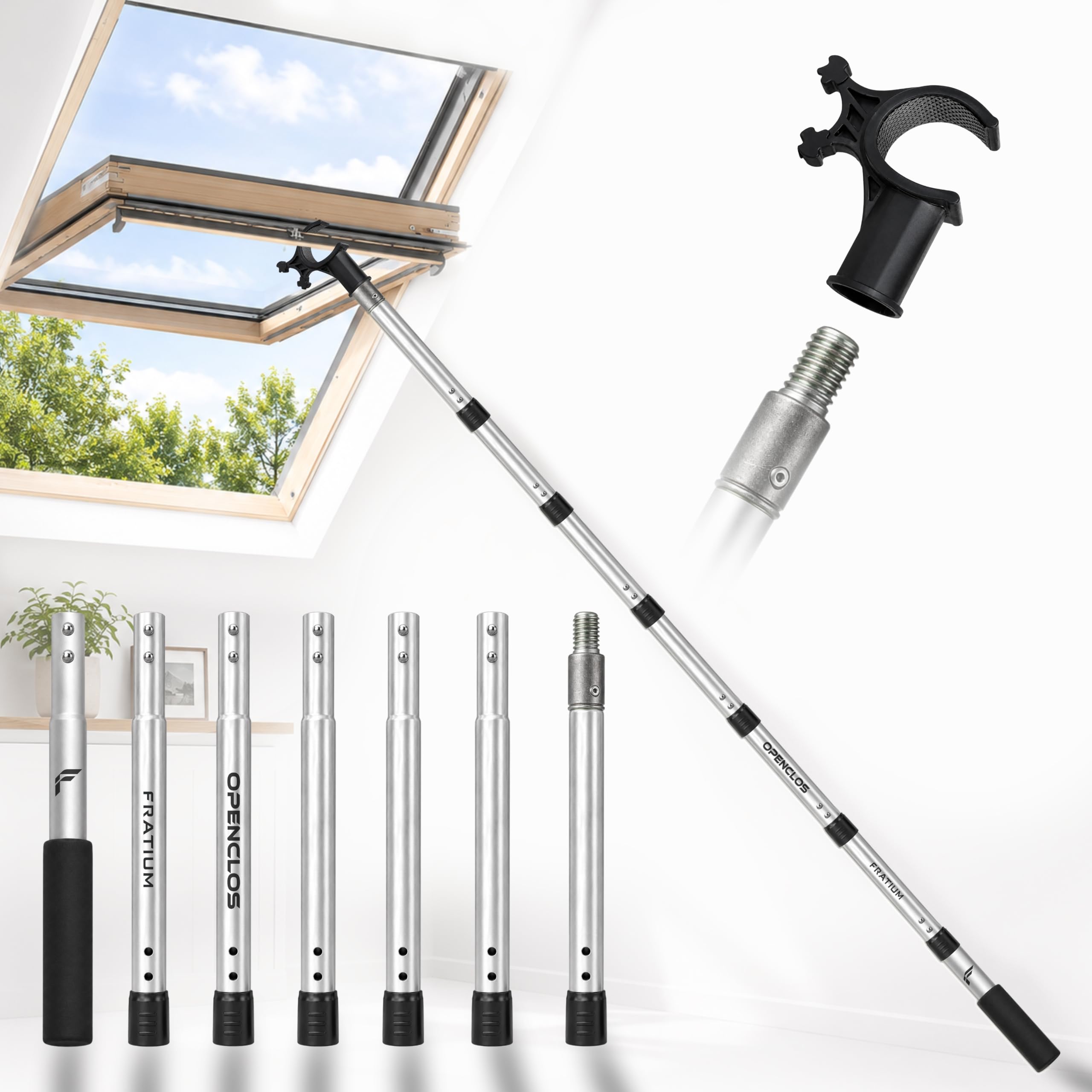 OPENCLOS Perche Canne Barre pour Fenêtre de Toit, Store Occultant, Moustiquaire, Compatible Velux GGL, GGU, GPU, GHL | Crochet Anti-Dérapant, 7 Sections Aluminium, 182 cm