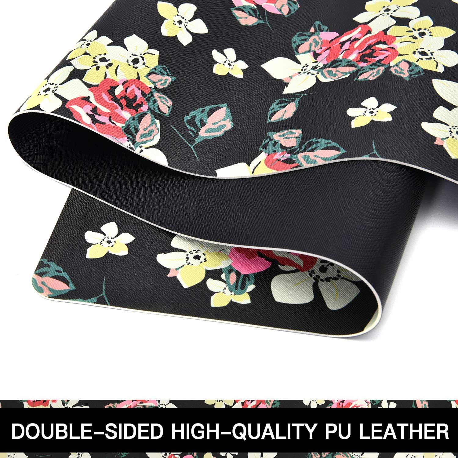 CoolBELL Office Desk Pad Large XXL Size Computer Gaming Pad Non-Slip PU Leather Ergonomic Mouse Pad Water-Proof Office Dual Side Use Keyboard Pad for Men/Women (Black Peony Floral,35.4''x16.9'')