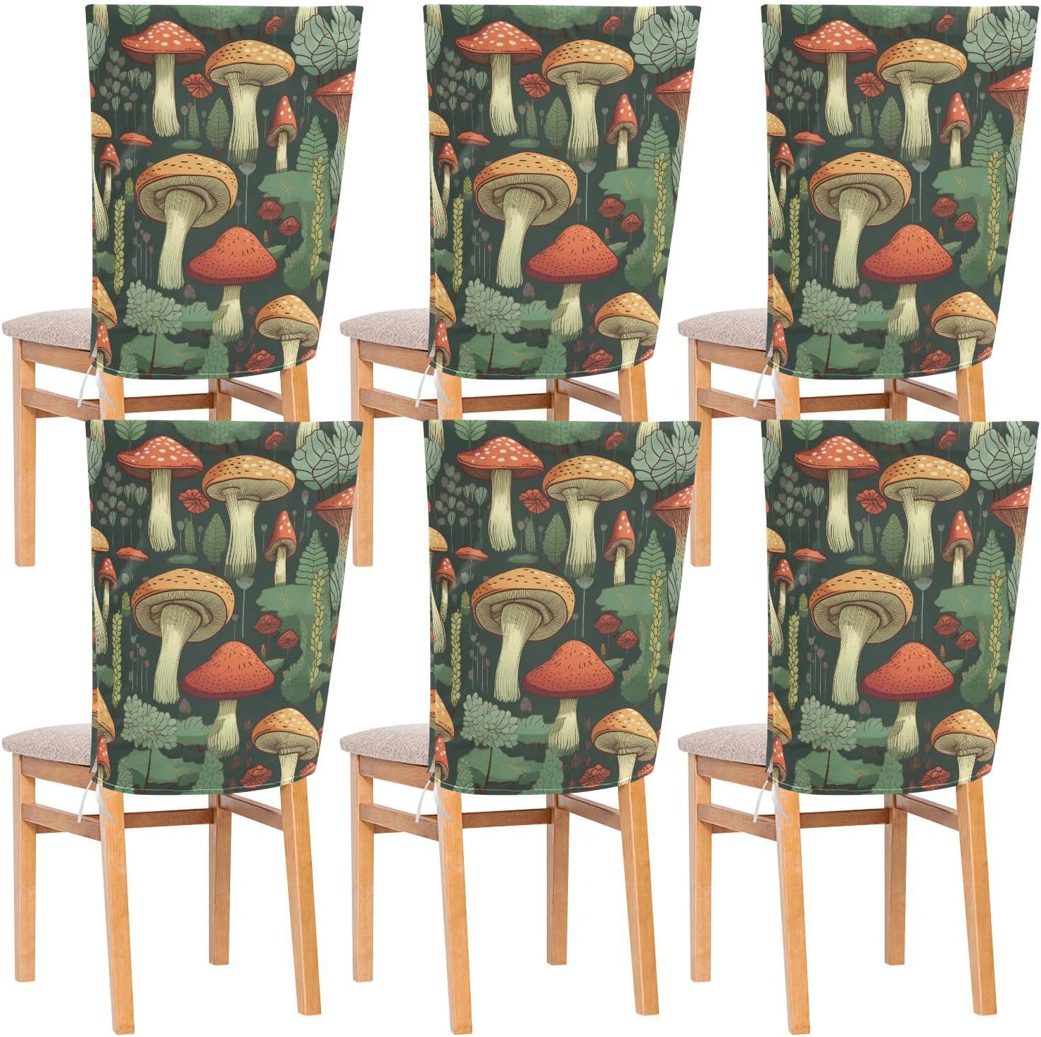 ALAZA Mushrooms Green Leaves Chair Back Cover Set of 6, Washable Reusable Removable Chair Slipcovers Decorative Chair Cover for Home Kitchen Wedding Party