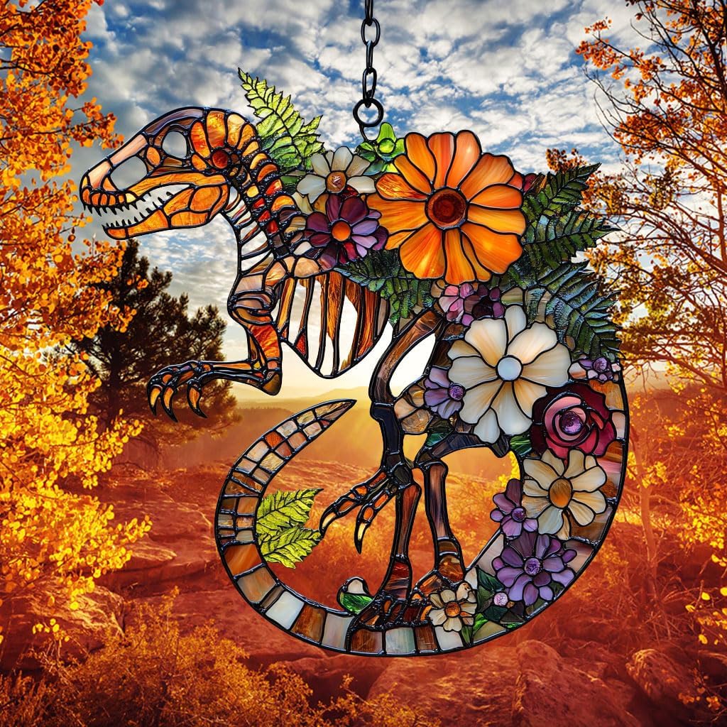 Floral Dinosaur Skeleton Acrylic Suncatcher Stained Glass Effect Window Car Hanging Christmas Ornament Indoor Outdoor Decor Garden Sun Catcher Panel for Floral Lover for Women Mom Grandma